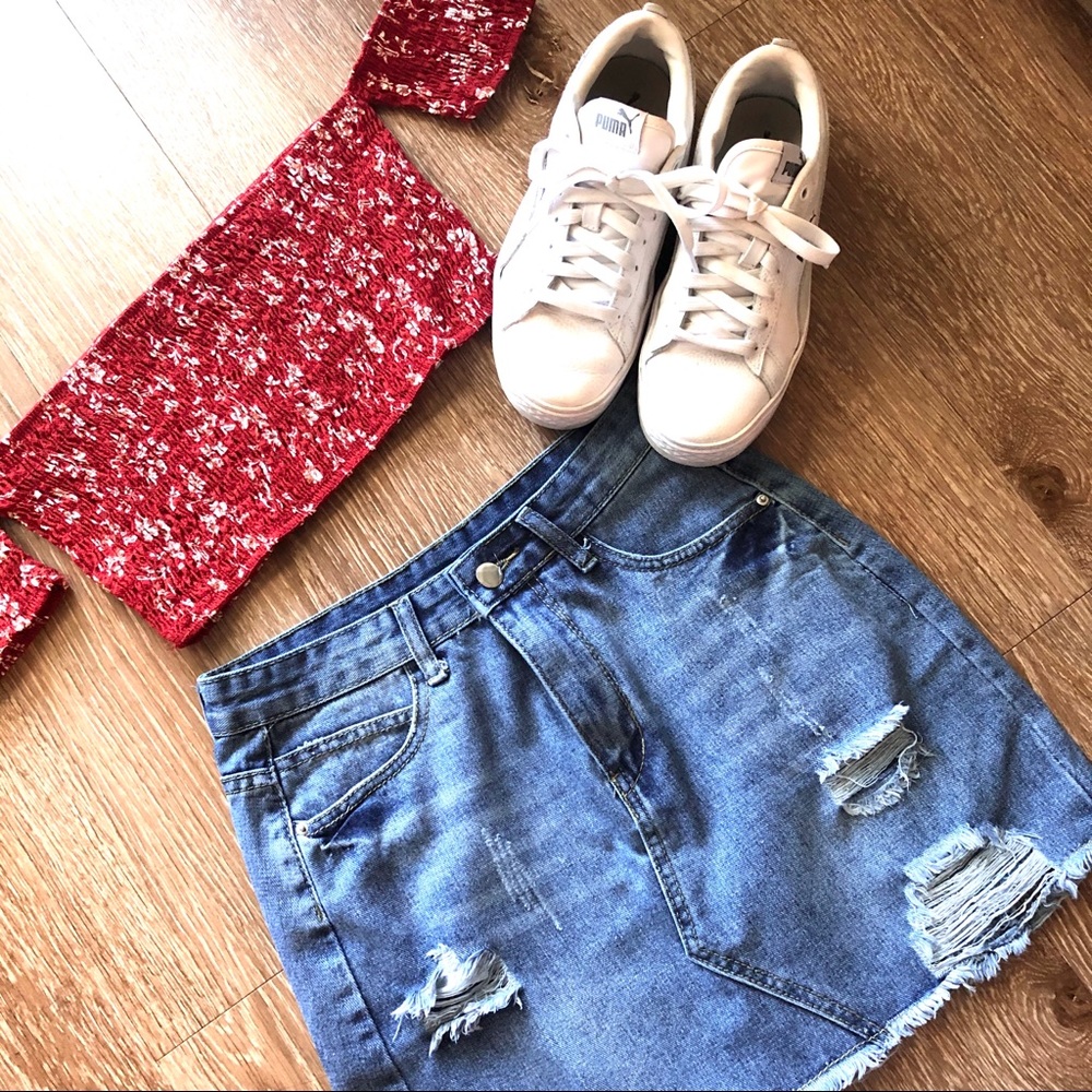 High-waist Distressed Denim Skirt